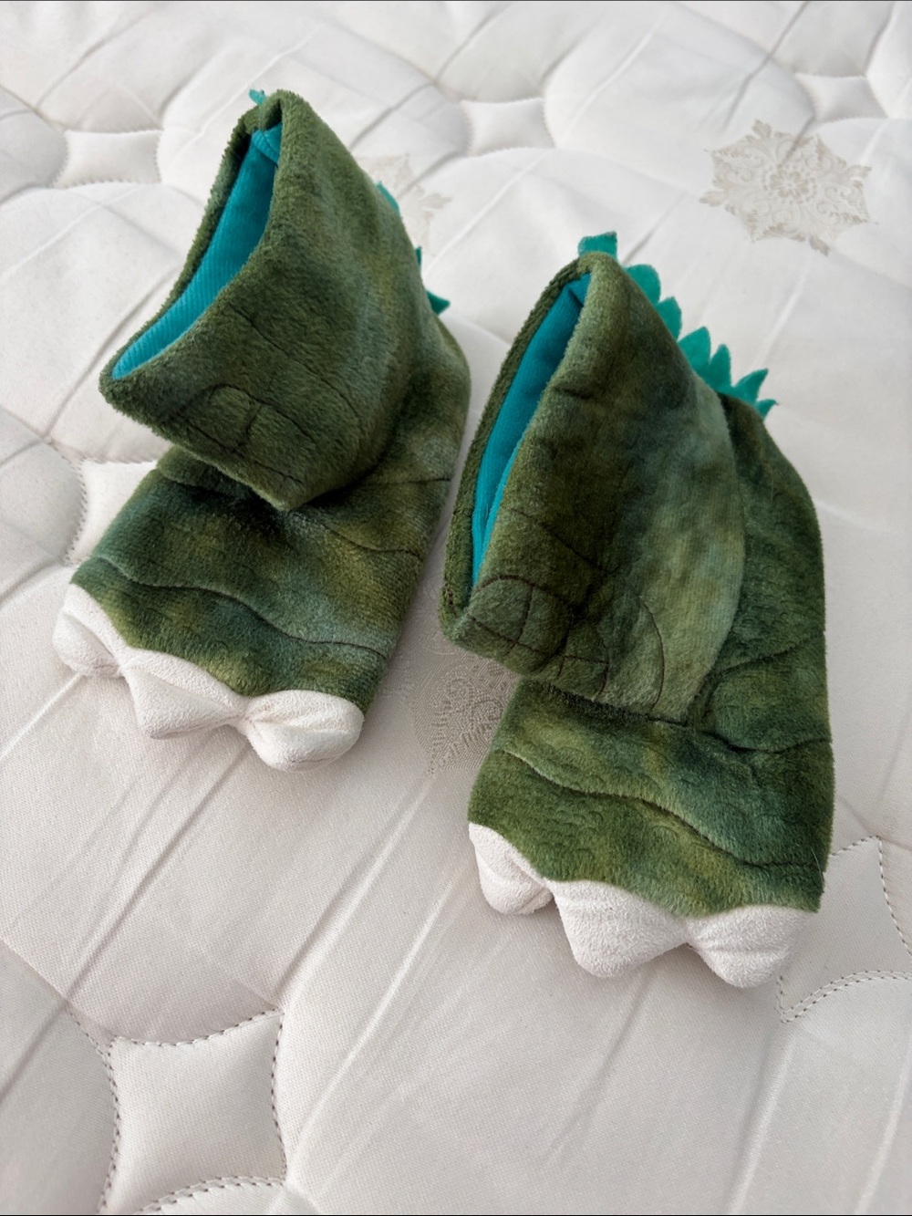 Green Plush Dinosaur Slipper Boots with Teal Lining